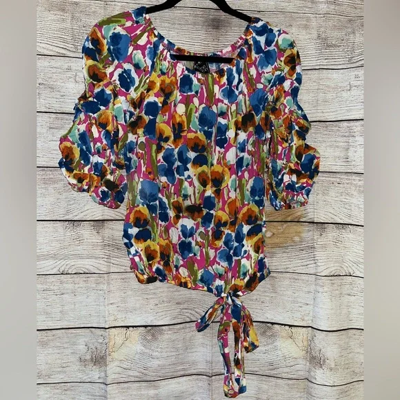 🤎3/$10 Coco Blanco Colorful Floral Puff Sleeve Blouse Size Small - Picture 1 of 7